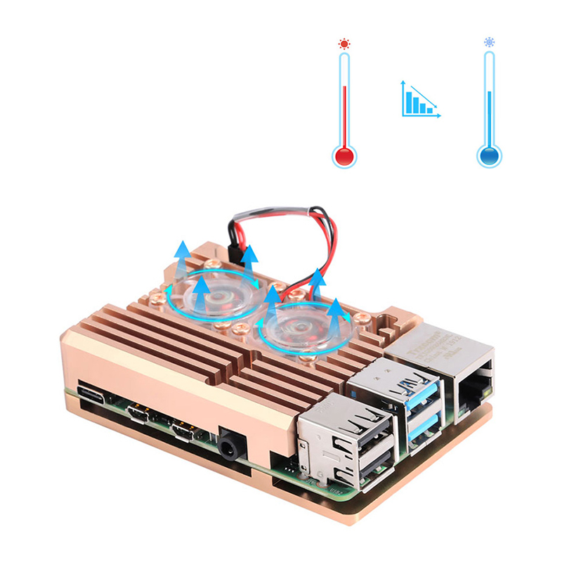 Dual Fan ,Gold , Raspberry Pi 4 Aluminum Cooling Active Heatsink with 2 fans - Bronze