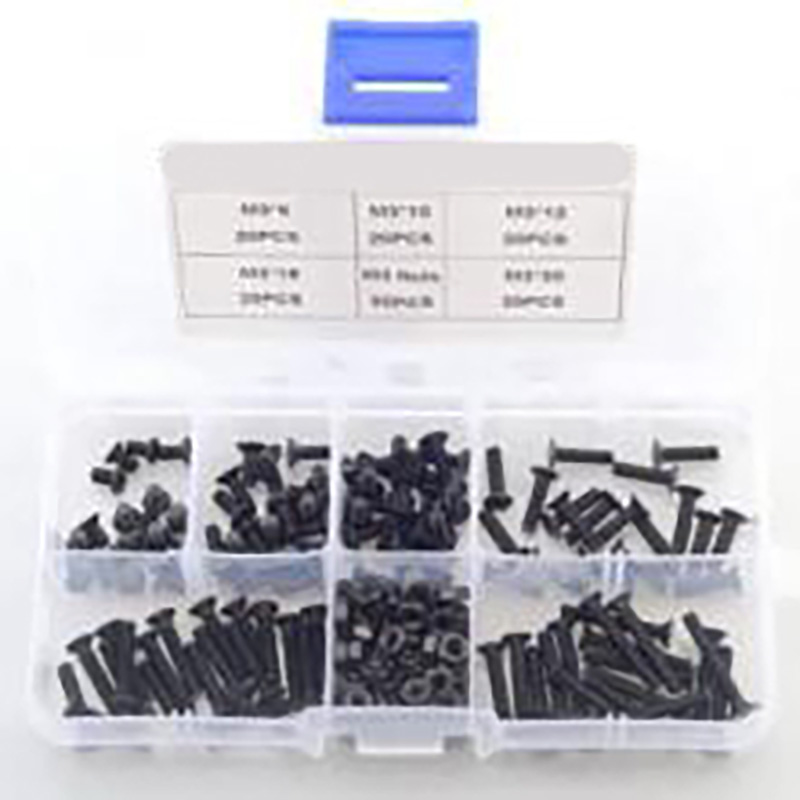 M3*6 20pcs , M3*10 20pcs , M3*12 20pcs , M3*16 20pcs , M3*20 20pcs , M3 100pcs Hex Hexagon Socket Flat Countersunk Head Screw Bolt Nut DIN7991 Black Grade 10.9 Steel Set With Plastic Case kit