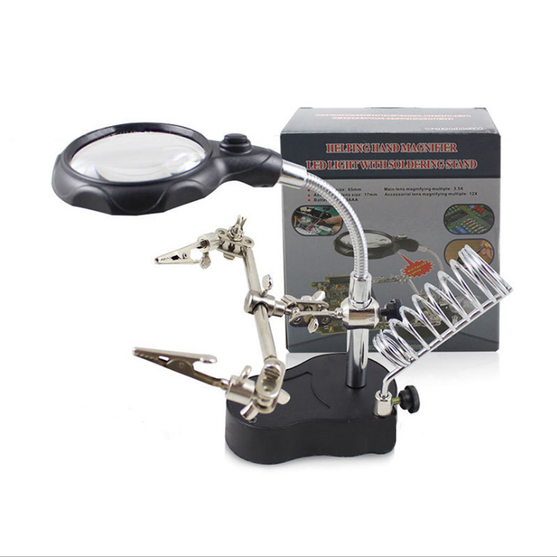 Third Hand Magnifying Glass Magnifier with LED Light for DIY PCB Desoldering Work Soldering Iron Stand/ 3AAA Batteries