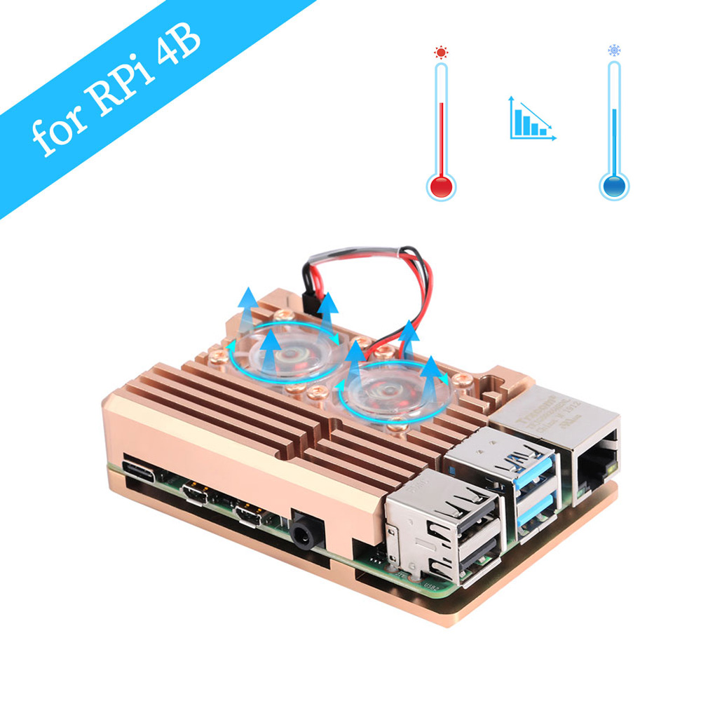 Dual Fan ,Gold , Raspberry Pi 4 Aluminum Cooling Active Heatsink with 2 fans - Bronze